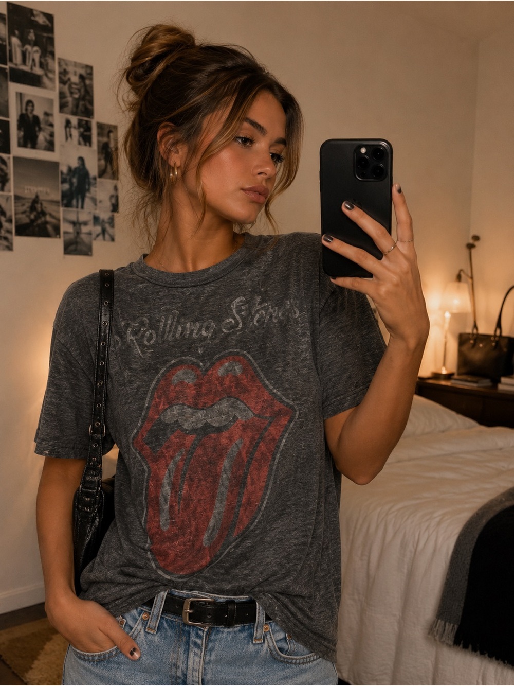 the Rolling Stones Distressed Gray Graphic Tee with Red Tongue